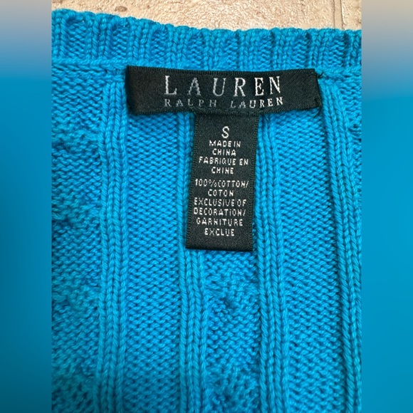 Women’s Lauren Ralph Lauren Turquoise Cable Knot V-Neck Sweater Size Small - Picture 4 of 5